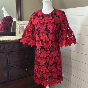 NWT Tory Burch Red Lace and Navy Flutter Sleeve Sheath Dress